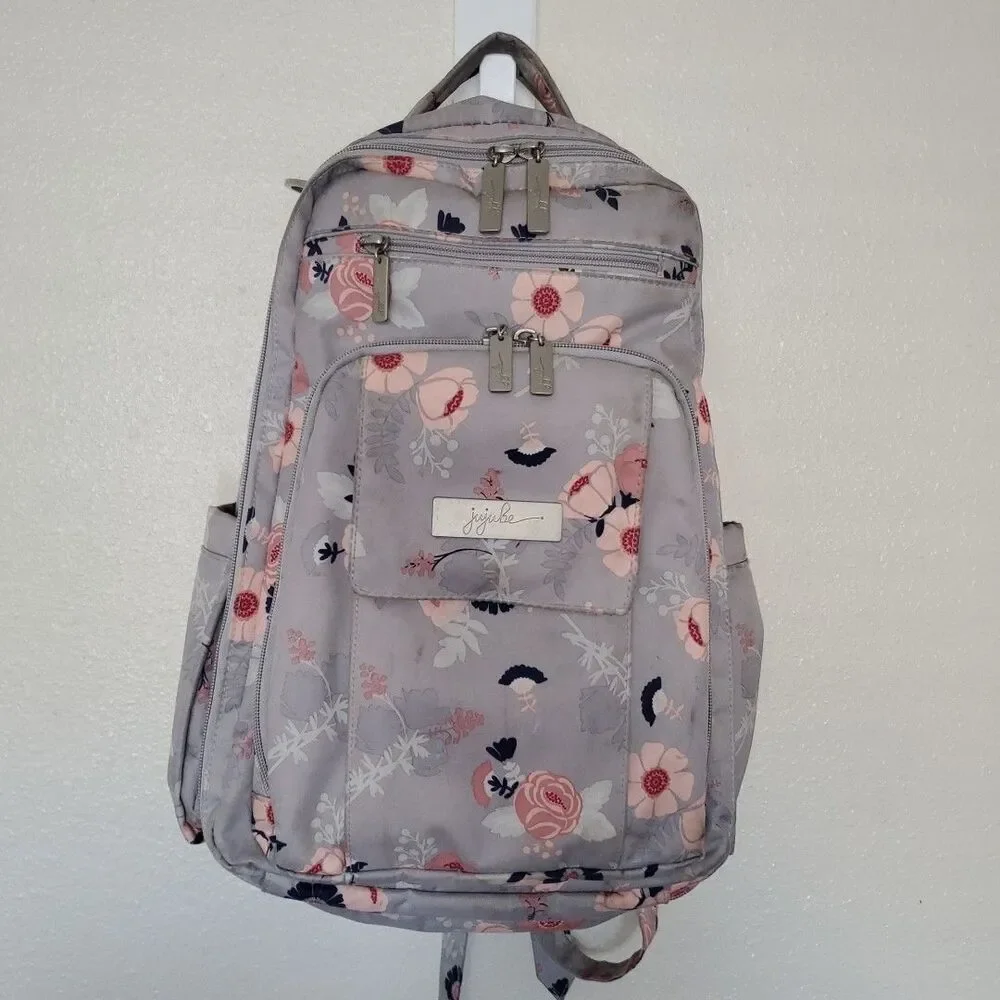 JuJuBe Be Right Back Multi-Function Diaper Backpack Floral Gray Multi Zip Pocket